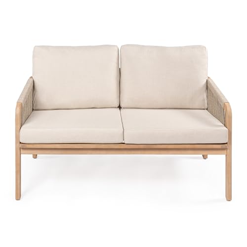JONATHAN Y Arwen Bohemian Acacia Wood Outdoor Loveseat, 2-Seater Patio Sofa Bench with Woven Rope Details and Thick Cushions for Porch, Balcony, Backyard, 49" W, Light Teak/Beige SFB1001A