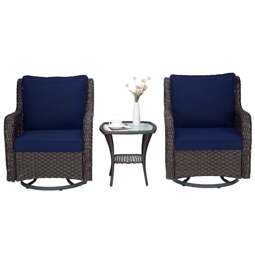 Towallmark Outdoor Swivel Wicker Glider Patio Chairs with Table Set, 3 Pieces Outdoor Bistro Set with 4”Thick Cushions and Coffee Table for Porch, Balcony, Deck (Blue)