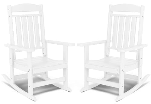 FOOWIN Patio Rocking Chairs Set of 2,HDPE High Back Porch Rocker,All Weather Resistant Poly Lumber Outdoor Porch Rocker, Rocking Chairs for Outdoor, Indoor, Patio, Deck, Garden White