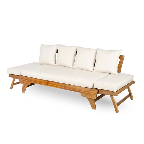 Christopher Knight Home Gary Patio Convertible Couch, Wooden Outdoor Daybed, 3-Seater Acacia Wood Patio Furniture Lounge Sofa for Backyard/Poolside/Garden, Back Pillow+Removable Cushion, Teak+ Beige