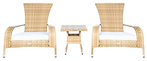 SAFAVIEH Outdoor - Edna 3-Piece Lounge Set - Natural & White - Steel Frame & Faux Rattan with Cushion - Wingback Tropical French Design - Ideal for Patio, Deck, Porch, Backyard (PAT7719D)