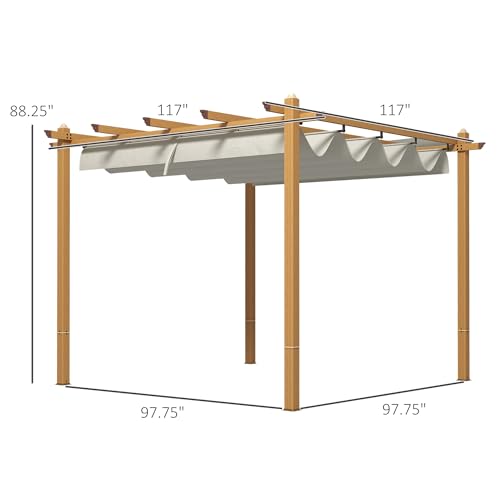 Outsunny 10' x 10' Retractable Pergola Canopy, Wood Grain Aluminum Pergola, Outdoor Sun Shade Shelter for Grill, Garden, Patio, Backyard, Deck, Cream White