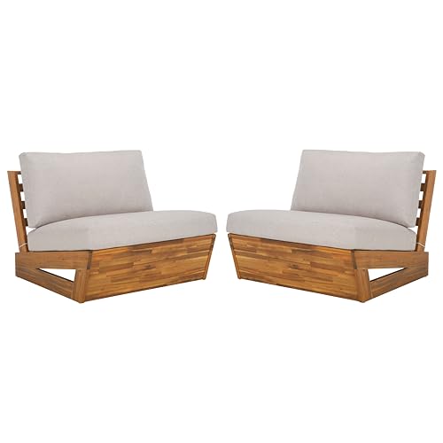 SAFAVIEH Outdoor - Lynn Lounge Chair Set of 2 - Natural & Light Grey - Solid Wood with Cushion - Modern Slatted Lounge Design - Ideal for Patio, Deck, Poolside, Backyard (PAT7328B-SET2)