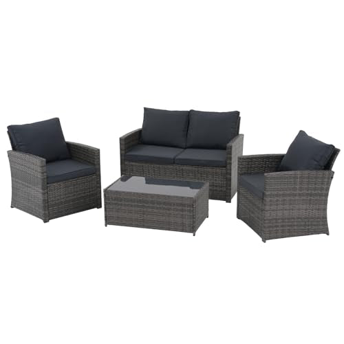 JOIVI 4 Piece Outdoor Patio Furniture Set, All-Weather Wicker Patio Conversation Set, PE Rattan Sofa Set with Loveseat Chair and Tempered Glass Coffee Table, Dark Gray