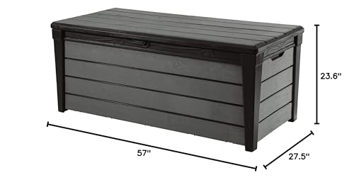 Keter Outdoor Storage Deck Box, for Patio, Backyard & Garden, Brushwood, 120 Gal, Brown - Lockable, Organizing, and Waterproof Plastic Container Bench