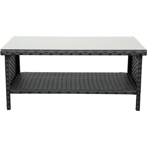 Outdoor Wicker Coffee Table Patio Furniture Garden Rattan 2-Layer Glass Table with Storage and Furniture Cover, Black