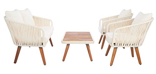 SAFAVIEH Outdoor Collection Ransin Beige/Beige/Natural Solid Wood 4-Piece Conversation Patio Set