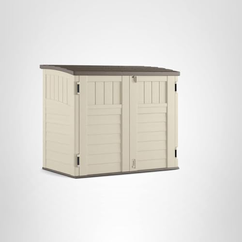Suncast 34 Cu Ft Horizontal Resin Storage Shed - Outdoor Storage Shed with Floor Included, Lockable, Weatherproof, Fits Small to Medium Trash Cans, Generators, & Garden Tools, Vanilla Stoney