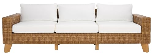 SAFAVIEH Couture Outdoor - Margarita Wicker Sofa - Brown & White - Performance Linen & Aluminum Frame - Ideal for Patio, Deck, Porch, Backyard, 94.5"W x 33.5"D x 27.2"H (CPT2102A)