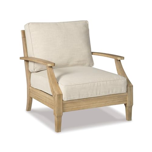 Signature Design by Ashley Clare View Outdoor Lounge Chair, All-weather Foam Cushion, Protective Finish, Eucalyptus Wood , 30" W x 35" D x 32" H, Beige