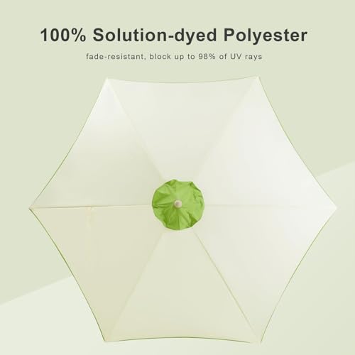 Tempera 9ft Scalloped Patio Umbrellas with Fringe, Market Umbrellas with Water-Resistant and Fade Resistant Canopy, 1.5" Wood Pole & Button Tilt,Green Beige Spliced