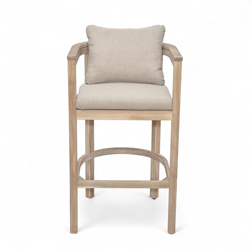 Christopher Knight Home Kuart Acacia Wood Outdoor Bar Stool Set of 4 with Cushion, Patio Armchair Set for Bar Table, Wooden Patio Counter Height Bar Stool with Footrest, Natural Washed+Beige