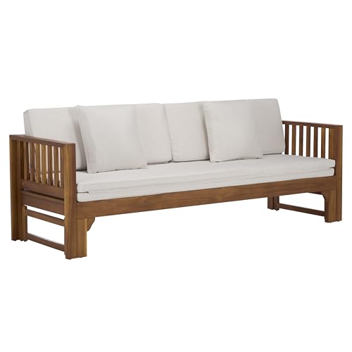 SAFAVIEH Outdoor Patio Furniture Collection - Napoli Brown & Cream Solid Wood Bench Convertible Daybed with Cushions, Versatile Patio Seating (PAT6805A)