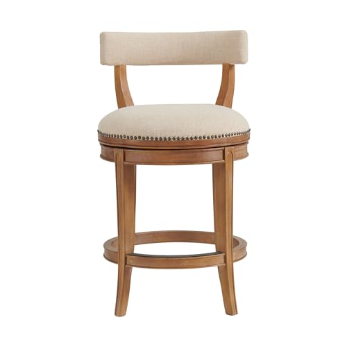 Hanover Swivel Counter Height Bar Stool, Weathered Brown and Beige, Solid Rubberwood Frame, Faux Leather Upholstered Seat, Memory Return Swivel, 20 in. W x 22 in. D x 37 in. H, Seat Height 26 in.