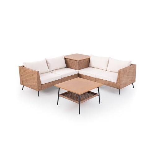 LAUSAINT HOME 6 Pieces Outdoor Patio Furniture Sets, Rattan Conversation Sectional Set with Cushions and Storage Box, Patio Sofa with Outdoor Table