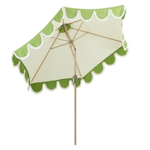 Tempera 9ft Scalloped Patio Umbrellas with Fringe, Market Umbrellas with Water-Resistant and Fade Resistant Canopy, 1.5" Wood Pole & Button Tilt,Green Beige Spliced