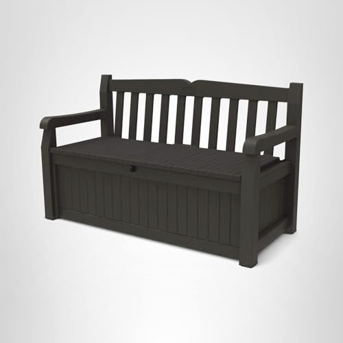 Keter Solana 70 Gallon Storage Bench Deck Box for Patio Furniture, Front Porch Decor and Outdoor Seating – Perfect to Store Garden Tools and Pool Toys, Brown/Brown