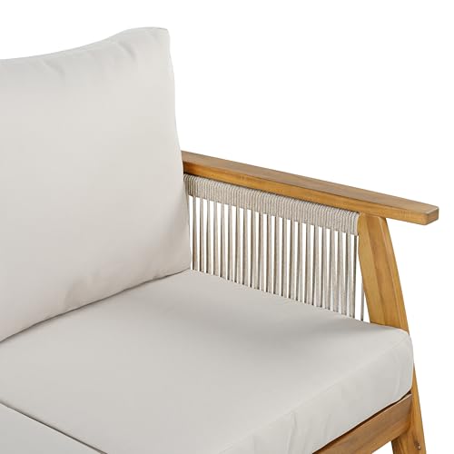 Christopher Knight Home Outdoor 3 Seater Patio Sofa with Acacia Wood Frame and Rope Weave Design, Cushioned Garden Couch with Removable Covers for Patio Deck Balcony, Teak and Beige