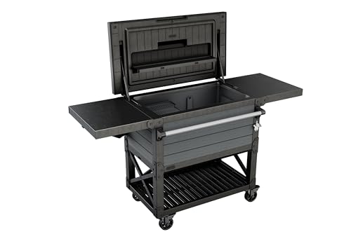 Keter 89.8 Qt Portable Outdoor Patio Cooling Chest, Ice Chest Beverage Party Bar Cart Table with Swivel Wheels, Shelves, and Bottle Opener, Graphite