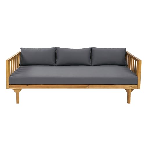 Christopher Knight Home Claremont Outdoor 3 Seater Acacia Wood Daybed with Fabric Water Resistant and Removable Cushions, Patio Garden Sofa with Slat Paneling Armrest and Back, Teak and Dark Grey