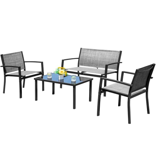 Devoko 4 Pieces Patio Furniture Set Outdoor Garden Patio Conversation Sets Poolside Lawn Chairs with Glass Coffee Table Porch Furniture (Grey)