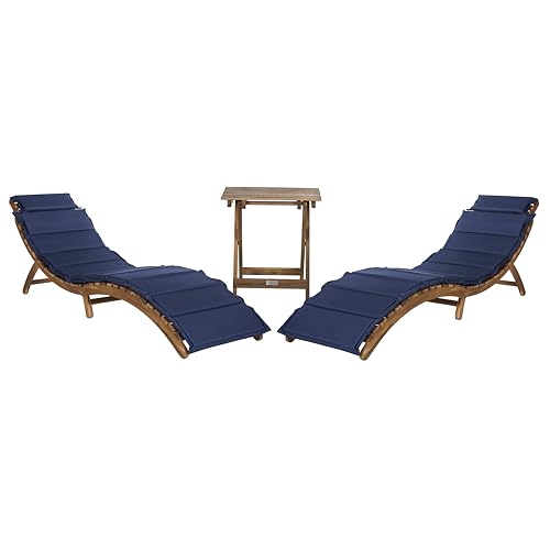 SAFAVIEH Outdoor Collection Pacifica Natural Brown Solid Wood/Navy Cushion 3-Piece Chaise Lounge Set with Table (PAT7020C)