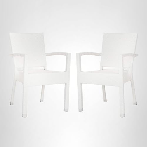SAFAVIEH Outdoor - Kelda Set of 2 White Faux Wicker Arm Chairs, Stackable Patio Dining Chairs with Aluminum Frame, Fully Assembled Outdoor Seating (PAT4004D-SET2)