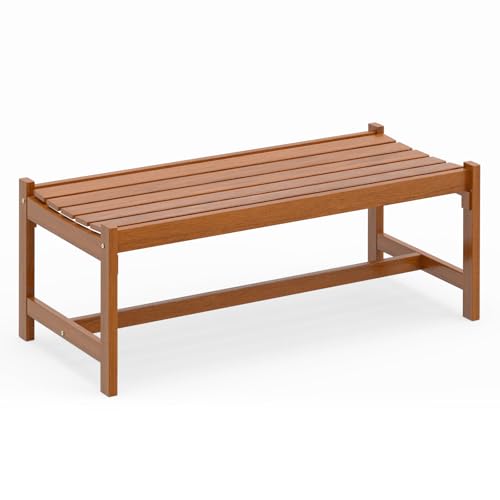 Tangkula Outdoor Wood Bench Backless, Solid Hardwood Patio Dining Bench with Teak Oil Finish & Curved Seat, Farmhouse Wooden Slat Bench for Porch, Garden, Entryway, Poolside, Backyard (1)