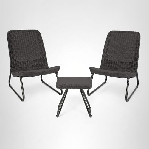 Keter Rio 3 Piece Resin Wicker Patio Furniture Set with Side Table and Outdoor Chairs for Front Porch and Backyard Decor, Dark Grey
