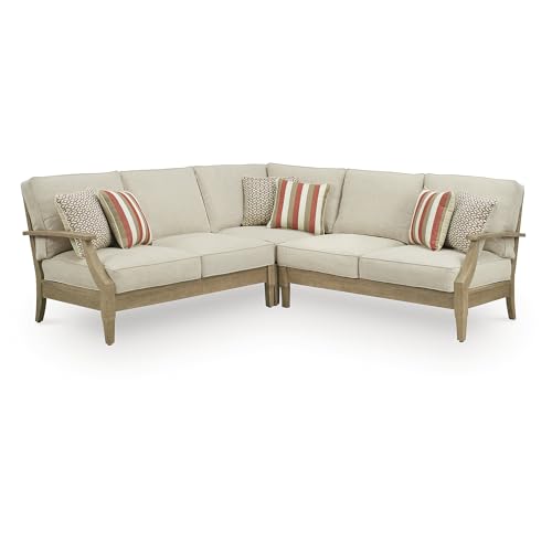 Signature Design by Ashley Clare View Symmetrical Contemporary 3-Piece Outdoor Sectional with Cushion and 6 Throw Pillows, Beige