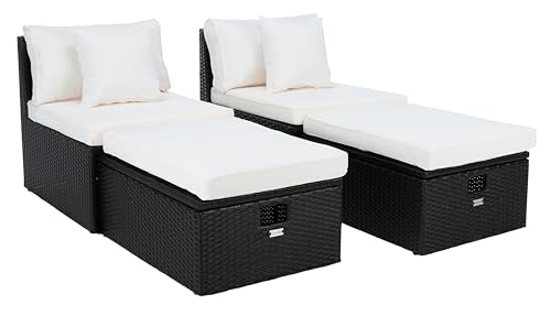 SAFAVIEH Outdoor - Pramla Settee and Ottoman Set - Black & Beige - Steel Frame with Cushion - Coastal Storage Design - Ideal for Patio, Deck, Porch, Backyard (PAT7515A)