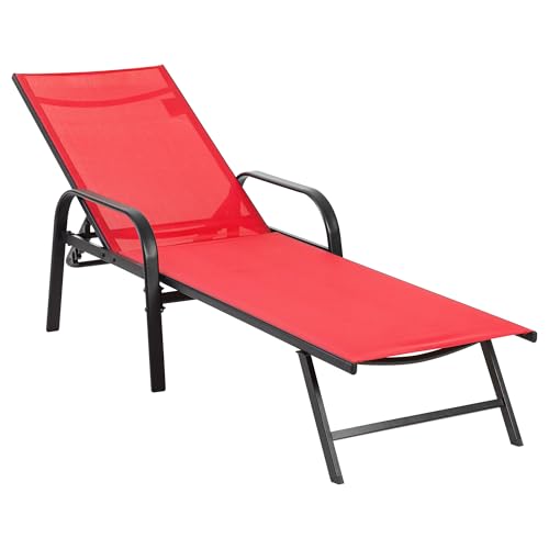 DUMOS Outdoor Lounge Chaise Set of 2 for Poolside Patio, 5-Position Chaise with Armrest, Sun Tanning Chair 350 lbs Heavy Duty Patio Pool Chair, Waterproof Lounge for Deck,Backyard, Beach, Red