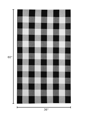 KOZYFLY Buffalo Plaid Area Rugs 3x5 Ft Black and White Checkered Rug Washable Front Door Mat Hand Woven Cotton Outdoor Rug Large Rug for Front Porch Kitchen Entryway Patio Bathroom