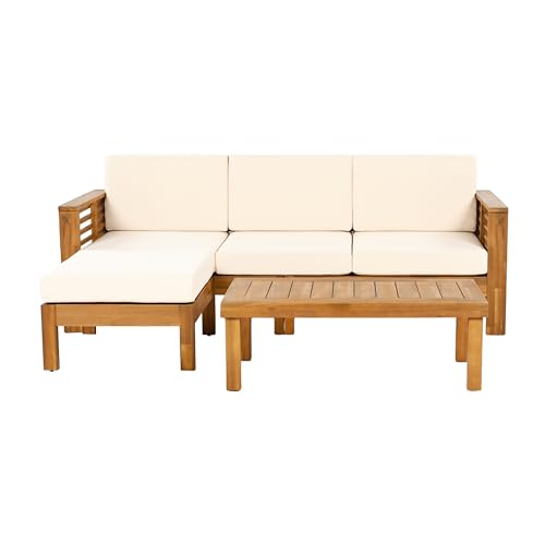 Christopher Knight Home Havets 3 Pieces Outdoor Acacia Furniture Set, Slat Panel Couch, Spacious Seating Armchair, 6" Thick Cushions Sofa and Coffee Table Set for Backyard Garden Balcony, Teak+Beige