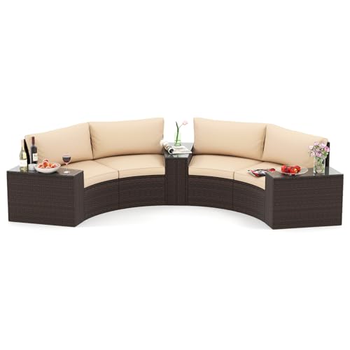 Tangkula 5 Pieces Patio Furniture Set, PE Rattan Half-Moon Curved Sectional Sofas with Tempered Glass Top Side Tables, Outdoor Conversation Set for Porch, Backyard & Poolside (Beige)