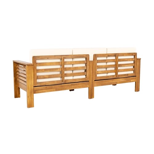 Christopher Knight Home Havets 3 Pieces Outdoor Acacia Furniture Set, Slat Panel Couch, Spacious Seating Armchair, 6" Thick Cushions Sofa and Coffee Table Set for Backyard Garden Balcony, Teak+Beige