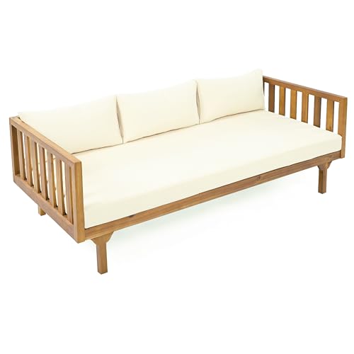 Christopher Knight Home Claremont Patio Sofa and Coffee Table Set, 2 Piece Outdoor Patio Furniture Set with Cushion, Acacia Wood 3 Seater Outdoor Sofa Daybed and Coffee Table Set, Teak+Beige