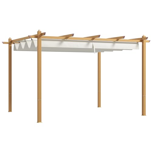 Outsunny 10' x 10' Retractable Pergola Canopy, Wood Grain Aluminum Pergola, Outdoor Sun Shade Shelter for Grill, Garden, Patio, Backyard, Deck, Cream White