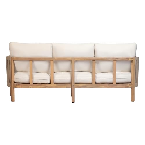 Christopher Knight Home Outdoor Acacia Wood 3-Seater Sofa, 76'' Upholstered Cushion Couch, Patio Acacia Wood Bench Sofa, Spacious Outdoor Seating Bench Couch for Garden Porch Balcony, Teak+Beige