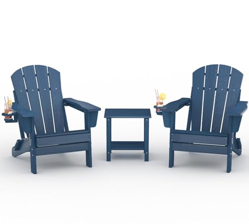 GarveeLife Folding Adirondack Chair Set of 2 with Side Table, All-Weather HDPE Outdoor Chair, Wooden Textured with Cup Holder for patios, Decks, Gardens, fire pits, Navy Blue