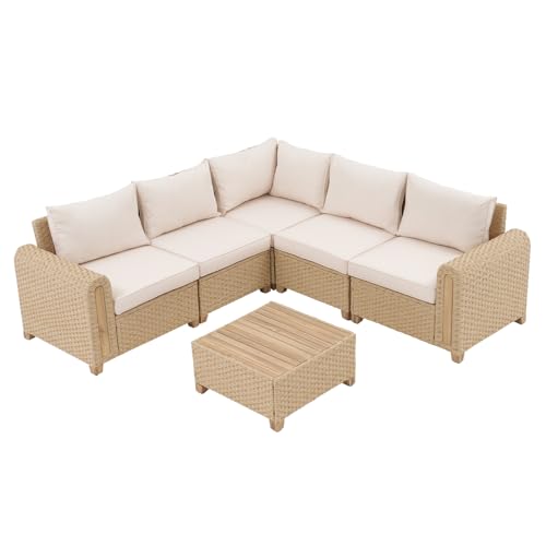 SUNSITT 6-Piece Patio Furniture Set, Outdoor Wicker & Acacia Wood Sectional Sofa Set, Patio Modular Design Conversation Sets with Coffee Table & Thick Comfy Cushion for Porch, Garden, Natural Color