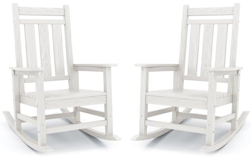 KINGYES Oversized Outdoor Rocking Chair Set of 2, All-Weather Patio Rocking Chairs for Porch, HDPE Outdoor Patio Recliner Rockers with High Back & Wide Seat for Garden, Lawn, White