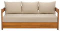 SAFAVIEH Outdoor - Kento 3-Seat Sofa - Natural & Taupe - Solid Wood with Cushion - Modern Slatted Round-Frame Design - Ideal for Patio, Deck, Porch, Backyard, 16" Seat Height (PAT7098A)