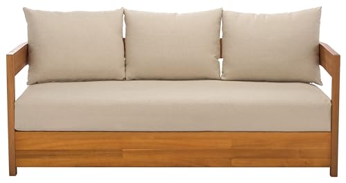 SAFAVIEH Outdoor - Kento 3-Seat Sofa - Natural & Taupe - Solid Wood with Cushion - Modern Slatted Round-Frame Design - Ideal for Patio, Deck, Porch, Backyard, 16" Seat Height (PAT7098A)