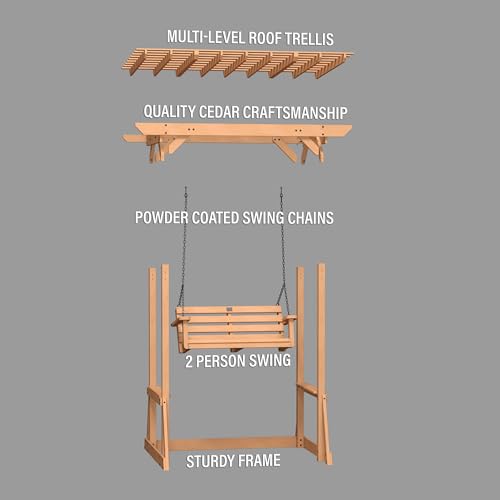 Backyard Discovery Callahan 8' x 5' Cedar Wood Outdoor Patio Pergola Swing Bench with Trellis, Two-Person Seating, Chains, Water Resistance, 600 Lb Weight Capacity for Porch, Patio, Deck, Garden
