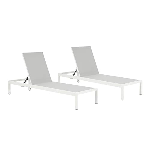 Christopher Knight Home Set of 2 Berton Outdoor Mesh Seat Chaise Lounge Chairs, Patio Adjustable Aluminum Frame Single Lounge Sofa, Poolside/Garden/Backyard Seating, All-Weather Furntiure, Gray+White