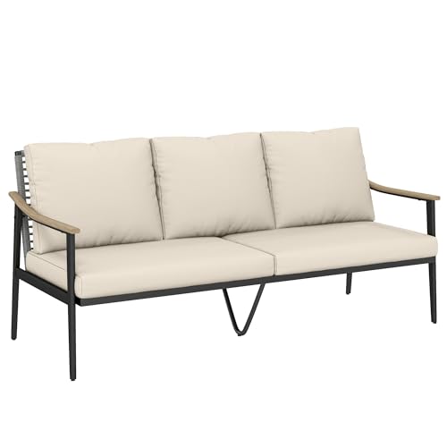 Outsunny Outdoor Patio Couch, 3 Seater Outdoor Sofa with Wood-Effect Armrests and Wicker Backrest, Outdoor Patio Furniture Couch with Cushions, Steel Frame for Porch, Garden, Backyard, Khaki
