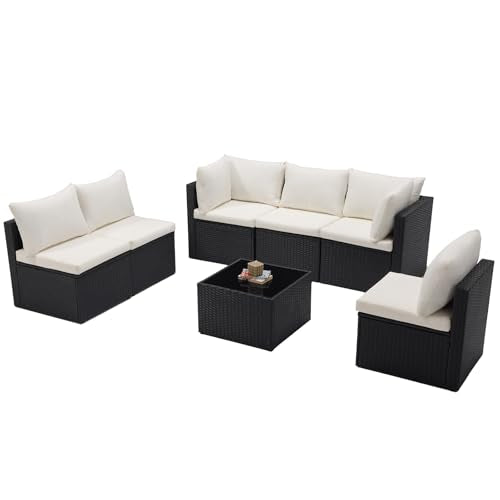DUMOS 7 Piece Outdoor Patio Sectional Sofa, Modular Wicker Furniture Set with 2.8" Thick Cushions, Adjustable Feet, Weather-Resistant Rattan Outdoor Couch for Backyard, Deck, Garden, Poolside, Black
