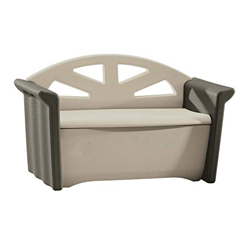 Rubbermaid Resin Outdoor Storage Bench (32 Gal), Weather Resistant, Brown/Grey, Deck Organization for Home/Backyard/Pool Chemicals/Toys/Garden Tools/Porch/Patio Cushions