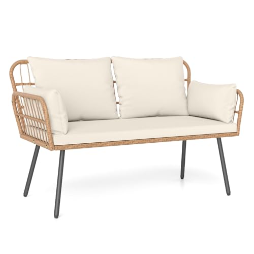 Tangkula Patio Wicker Loveseat, Outdoor 2-Seater PE Rattan Sofa with Pillows, Cushions, Metal Frame & Adjustable Foot Pads, 800 lbs Outside Couch for Porch, Backyard & Poolside (Off White, 50.5" L)